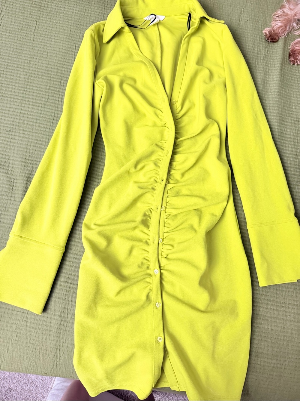 H&M Neon Lime Ruched Button-Down Long Sleeve Dress